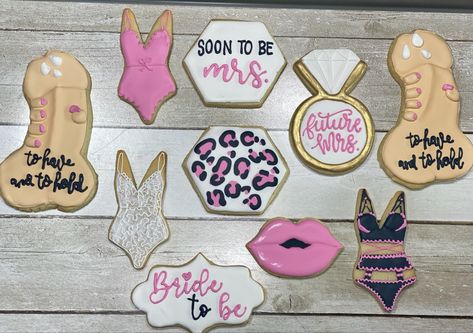 Bachelorette Party Cookies Funny, Bachelorette Cookies Funny, Bachelorette Party Desserts, Bridal Shower Sugar Cookies, Bachelorette Food, Bachelorette Party Cookies, Lingerie Cookies, Bachelorette Cookies, Bachelorette Theme