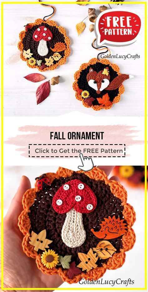 Crochet Fall Ornaments, Halloween Ornaments Crochet, Crochet Autumn Free Pattern, Fall Leaves Crochet Pattern Free, Halloween Coasters Crochet, Crochet Useful Items Free Pattern, Crochet Fall Patterns Free, Free Fall Crochet Patterns, Crochet Mushroom Pattern Free