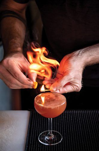 Blod & Skar ¾ oz. aquavit (Krogstad) ½ oz. single-malt Scotch whisky (Speyburn) ½ oz. Cherry Heering ½ oz. Carpano Antica Formula vermouth ½ oz. fresh orange juice Garnish: orange peel Aquavit Cocktails, Bananas Foster Cake, Blood And Sand, Fresh Orange Juice, Sparkling Cocktail, Hot Cider, Cocktail Garnish, Danish Food, Cocktail Desserts