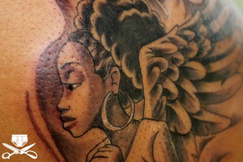 Black Angels Tattoo, Angel Whispering In Ear Tattoo Design, Black Angel Tattoo, African American Tattoos, Tattoo Written, African American Mermaid, Guardian Angel Tattoo, Black Angel, American Tattoos