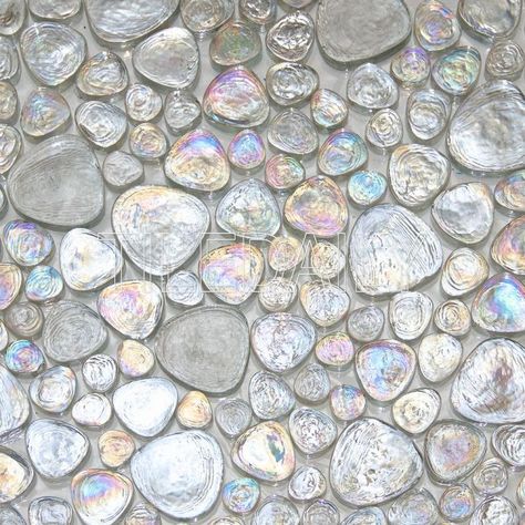 Iridescent Pebble Glass Mosaic – tiledaily Irredescent Tile Bathroom, Mosaic Shower Tile, Glass Tile Bathroom, Diy Bathroom Storage, Iridescent Color, Bathroom Floor Tiles, Minimalist Bathroom, Glass Mosaic Tiles, Clear White