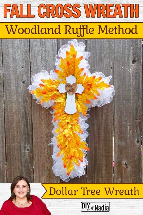 Deco Mesh Fall Cross Wreath | Dollar Tree wreath 6 inch mesh Woodland Ruffle method Cruffle #wreath Dollar Tree Wire Cross Wreath Ideas, Wire Cross Wreath Frame Ideas, Mesh Cross Wreath How To Make, Deco Mesh Cross Wreath Diy, Wire Cross Wreath, Cross Wreaths, Cross Wreath Diy, Dollar Tree Wreath, Ruffle Wreath