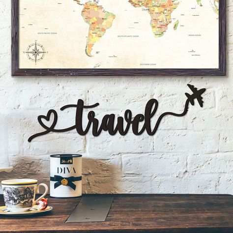 PRICES MAY VARY. TRAVEL WALL DECOR -- Add this "travel" sign to your home decor! It’s a unique and fun way to display your love for travel. This wall word looks great paired with a world map, magnet board, or picture collage. Also makes a great gift for travel lover or your travel agent. QUALITY METAL WORD ART -- This travel metal wall art is completely made from thick gauge steel and then carefully powder coated for a quality gloss finish to prevent rusting. Quality Metal Material, Sturdy & Dur Glam Apartment Decor, Travel Themed Bedroom, Travel Themed Room, Adventure Decor, Art Backdrop, Travel Party Theme, Airplane Decor, Travel Wall Decor, Travel Wall