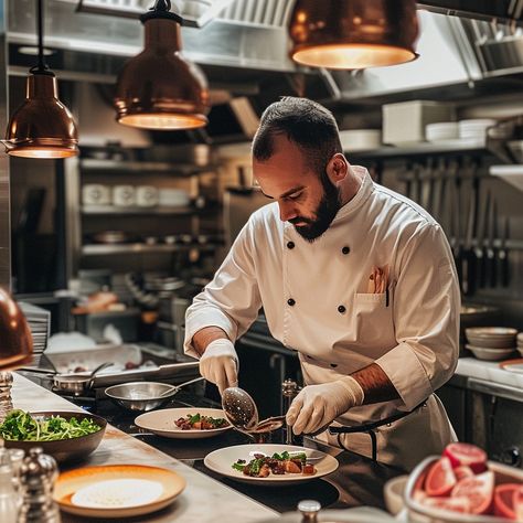 "Chef Plating Dish: Focused #ChefLife meticulously garnishes a dish in a professional kitchen, demonstrating #CulinarySkills and finesse. #FoodPhotography #PlatingArt #Gourmet #AIArt #AIPhoto #StockImages ⬇️ #Download and 📝 #Prompt 👉 https://stockcake.com/i/chef-plating-dish_746223_793483" Gourmet Food Presentation, Chef Plating, Culinary Photography, Photoshoot Lifestyle, Chef Styles, Culinary Art, Kitchen Plate, 99 Design, Modern Website