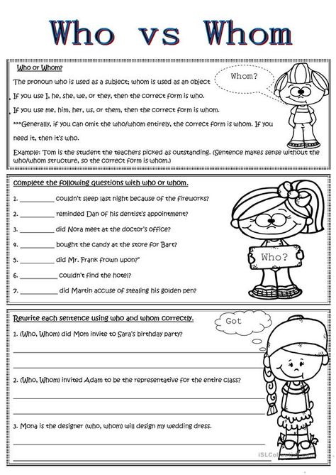 Who And Whom Worksheet, Who Whom Whose Worksheet, Who Vs Whom, Math Mental, Ingles Kids, Question Words, Punctuation Worksheets, 5th Grade Worksheets, Relative Clauses