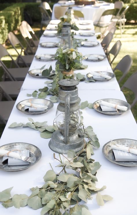 Eucalyptus Leaves Table Decor, Eucalyptus Birthday Decor, Eucalyptus Brunch Table, Tin Anniversary Party, Silver Dollar Eucalyptus Wedding Table, Mason Jars With Lights Eucalipto, Cocktail Engagement Party, Sliced Lemon, Rustic Backyard Wedding