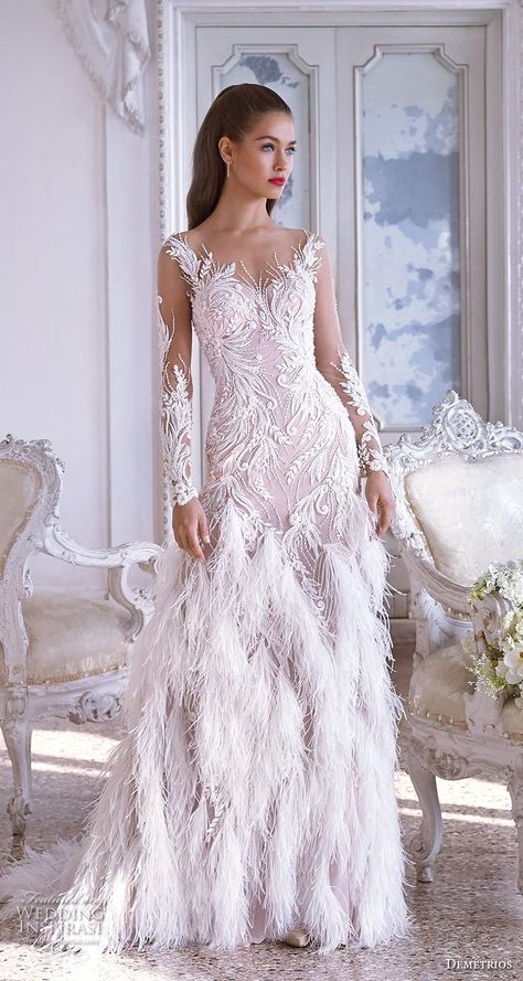 demetrios 2019 bridal long sleeves sweetheart neckline full embellishment feathers hem drop waist a line wedding dress embellished back sweep train (19) mv Demetrios Wedding Dress, Wedding Dress With Feathers, Dress With Feathers, Different Wedding Dresses, Wedding Inspirasi, Lace Ball Gowns, Country Wedding Dresses, Feather Dress, Best Wedding Dresses