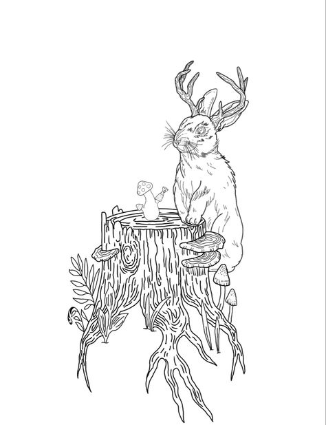 Bunny with antlers using tree stump as a stand for his smoking piece Tree Stump Drawing, Tree Stump Tattoo, Stump Tattoo, Plant Tattoos, Mossy Tree, Plant Tattoo, Jack Rabbit, Home Tattoo, Cypress Trees