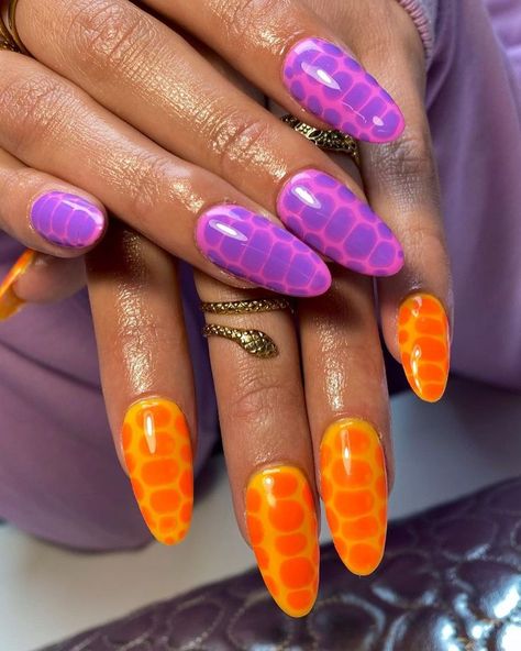 Purple Green And Orange Nails, Orange Snake Nails, Purple Yellow Nails, Orange Purple Nails, Purple Orange Nails, Reptile Nails, Orange Yellow Nails, Snake Print Nails, Snakeskin Nails