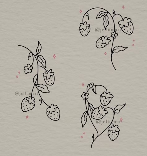 Strawberries On Vine Drawing, Floral Stick And Poke Tattoo, Strawberry Tattoo Stencil, Two Strawberries Tattoo, One Line Shell Tattoo, Strawberry Finger Tattoo, Small Strawberry Tattoo Simple, Strawberry And Blueberry Tattoo, Minimalist Doodle Tattoo