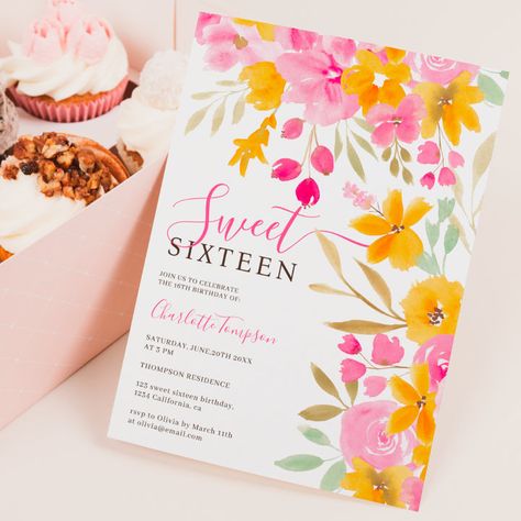 Sweet Sixteen Birthday Invitations, Pink Floral Watercolor, 25 Birthday, Quince Decorations, 16th Birthday Invitations, Sixteenth Birthday, Spring Birthday, Yellow Sunflowers, Sweet 16 Birthday Party