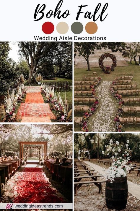 Rustic Boho chic fall wedding aisle decorations are all about the cozy feeling color combos - greenery, burgundy, and brown tone will make every wedding look dreamy. Check out my picks for wedding aisles color schemes this autumn from holiday pumpkins wedding Ideas, romantic earth-toned pampas grass fall color pallet, and a unique boho wedding trends for a magical dream wedding ceremony. Find out DIY ideas, budget tips, and a lot of amazing inspirations. Outdoor Fall Wedding Aisle, Fall Wedding Aisle Decorations, Fall Wedding Aisle, Pumpkins Wedding, Wedding Aisle Decorations Outdoor, Dream Wedding Ceremony, Fall Color Pallet, Wedding Aisles, Boho Chic Fall