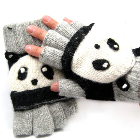 Panda Bear Shaped Animal Themed Wool Knit Fingerless Popover Mitten Gloves for Women Panda Stuff, Panda Items, Animal Themed Jewelry, Women Gloves, Fake Gauge Earrings, Gauge Earrings, Crochet Panda, Bear Animal, Gloves For Women