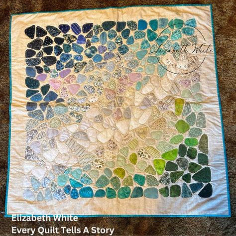 Every quilt tells a story. This is the story of making a sea glass quilt using raw edge applique, and making memories with my daughter and sisters. #artquilt #seaglassquilt Seaglass Quilt, Sea Glass Quilt, Beach Quilt, Raw Edge Applique, Aqua Fabric, Reverse Applique, Log Cabin Quilt, Images And Words, Art Quilt