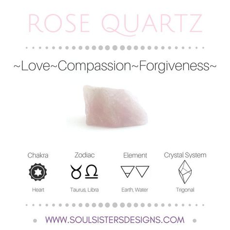 Metaphysical Healing Properties of Rose Quartz, including associated Chakra, Zodiac and Element, along with Crystal System/Lattice to assist you in setting up a Crystal Grid. Go to https:/wwwsoulsistersdesigns.com to learn more! Zodiac Elements, Crystal System, Metaphysical Healing, Spiritual Crystals, Gemstone Meanings, Crystal Therapy, Rose Quartz Bracelet, Healing Crystal Jewelry, Crystal Healing Stones