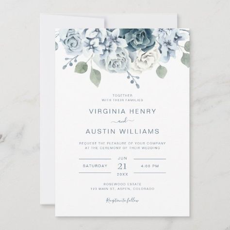 Elegant Floral Dusty Blue Wedding Invitation Dusty Blue Wedding Invitation, Botanical Wedding Invitation, Blue Wedding Invitation, Green Invitations, Dusty Blue Wedding, Spring Wedding Invitations, Sage Wedding, Botanical Wedding Invitations, Wedding Cakes Blue