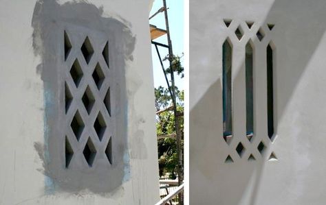 Available through Pacific Register Company in any size and pattern, Glass Reinforced Concrete Window Grilles are installed flush with the house siding. Spanish Home Exteriors, Spanish Style Exterior, Window Grilles, Spanish Exterior, Biltmore Hotel, Spanish Bungalow, Stucco Homes, Colonial Design, Mediterranean Style Homes