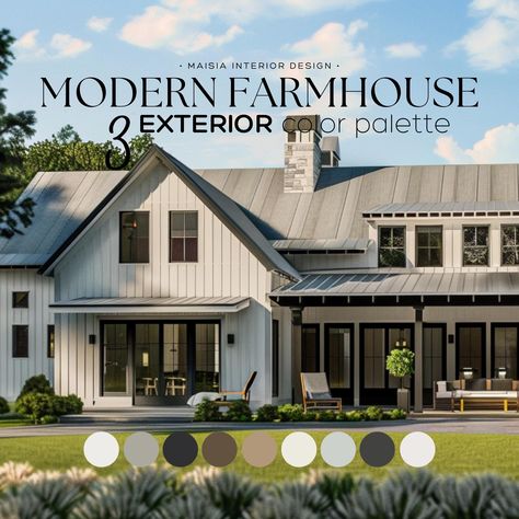 Explore the Modern Farmhouse EXTERIOR House Paint with Sherwin Williams' Color Palettes, offering a versatile exterior color schemes that combines timeless elegance and contemporary style for your home's exterior. These Exterior Color Palette have been hand selected by me to create a cohesive Paint Color Scheme that work perfectly together and will give your exterior home a designer touch.  Let's be honest, getting names and codes of a color scheme is not enough to guaranty a professional and un Farm Style Exterior House Colors, Siding Colors For Ranch Style Houses, Lake House Color Palette Exterior, Modern Farmhouse Colors Exterior, Farmhouse Siding Colors, Tin House Exterior Metal Siding, White House Dark Trim, Tan Exterior House Colors, Cream Exterior House Color