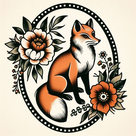 Floral Feet Tattoos, Trad Fox Tattoo, American Traditional Fox Tattoo, Traditional Tattoo Frame, Framed Traditional Tattoo, Fox Arm Tattoo, Traditional Tattoo Border, Floral Frame Tattoo, Traditional Frame Tattoo