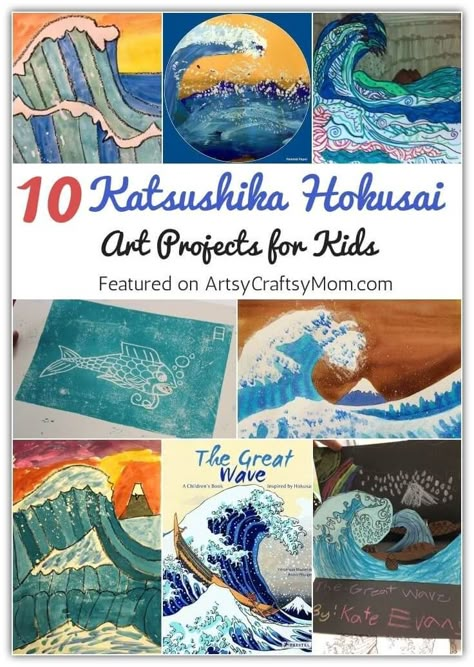 These Katsushika Hokusai Art Projects for Kids are perfect to help us learn about the amazing Japanese artist who made great waves a thing! Art For Junior High, Hokusai Great Wave Art Lesson, Art Projects Based On Famous Artists, Japanese Art Lesson, Asian Pacific American Heritage Month Craft, Art Ideas For Grade 7/8, Japanese Art Projects For Kids, Hawaiian Art Projects For Kids, Hawaii Art Projects For Kids