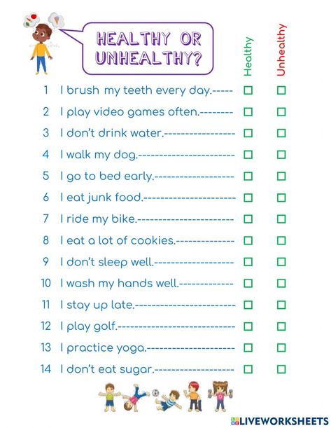 Healthy or unhealthy activity Unhealthy Food For Kids Activities, Healthy Unhealthy Food Worksheet, Healthy And Unhealthy Food Activities, Healthy Habits Worksheet, Healthy And Unhealthy Food Worksheet, Health Education Activities, Health Activities For Kids, Healthy Habits Activities, Teaching Healthy Habits