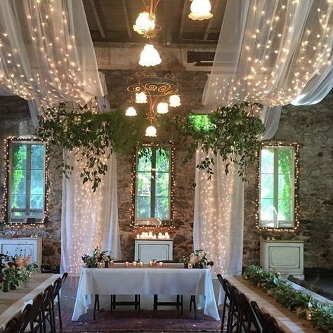 Wedding Ceiling, Rustic Wedding Decorations, Cute Wedding Ideas, Woodland Wedding, Wedding Deco, Romantic Weddings, Wedding Lights, Simple Weddings, Wedding Themes