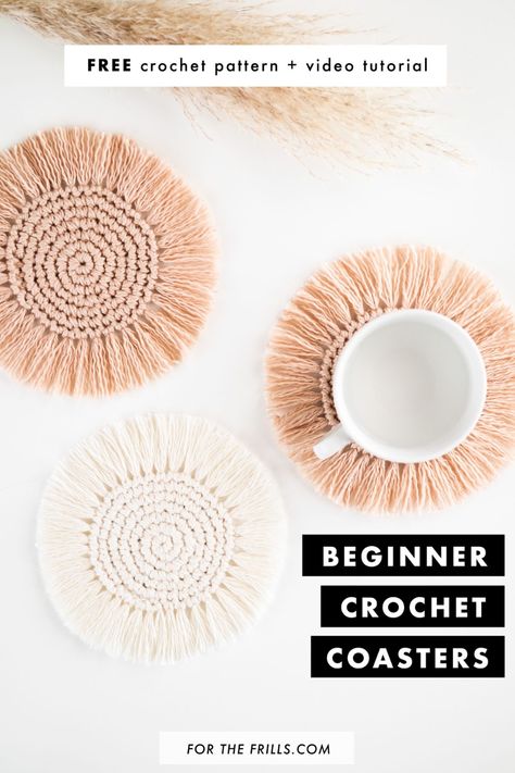 Boho Crochet Coasters - free pattern + video tutorial - for the frills Crochet Rug Coasters, Crochet Cleaning Supplies, Boho Coasters, Hadiah Diy, Pola Macrame, Crochet Coasters Free Pattern, Crochet Coaster Pattern, Crochet Coaster, Crochet Kitchen