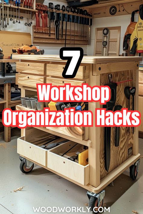 Discover clever organization hacks for your woodworking workshop! Learn space-saving tips, storage solutions, and create a more efficient workspace. Streamline your woodworking projects with these expert tips! 🛠️ #WorkshopOrganization #WoodworkingTips #DIYProjects #HomeImprovement #Woodworkers Milwaukee Workshop Storage, Diy Workshop Organization Ideas, Shop Tool Organization Diy Projects, Tool Storage Cabinets Diy, Wood Workshop Organization, Diy Tool Cart Ideas, Dream Workshop Woodworking, Upholstery Workshop Layout, Mancave Workshop Ideas