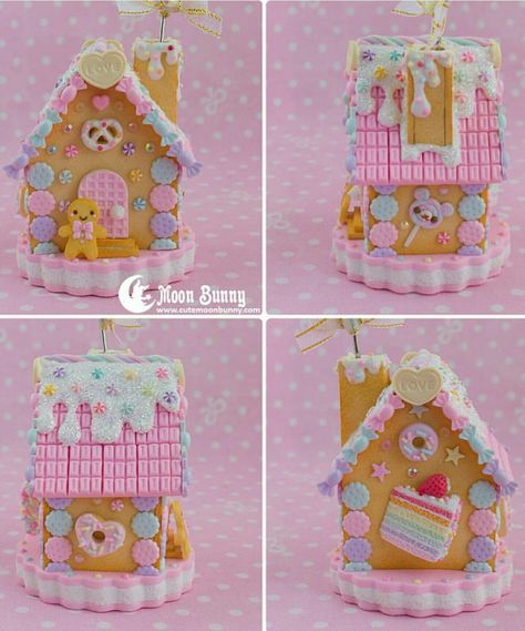 Diy Clay Gingerbread House, Gingerbread House Polymer Clay, Kawaii Gingerbread House, Gingerbread House Clay, Polymer Clay Gingerbread House, Pastel Gingerbread House, Clay Gingerbread House, Easter Gingerbread House, Pink Gingerbread House