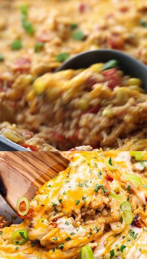 This easy to make Green Chile Chicken and Rice Casserole is perfect to make on days when you're craving Southwest comfort food. Loaded with diced green chiles and green enchilada sauce, it's sure to be a family favorite! #casserole #greenchile #chickendinner #chickenandrice #healthydinner #glutenfree #greenchilechicken #chickencasserole Slow Cooker Green Chile Chicken And Rice Casserole, Green Chile Chicken And Rice, Easy Casseroles, Green Chile Recipes, Chicken Lunch Recipes, Chicken And Rice Casserole, Dinner Favorites, Green Chile Chicken, Brunch Casserole