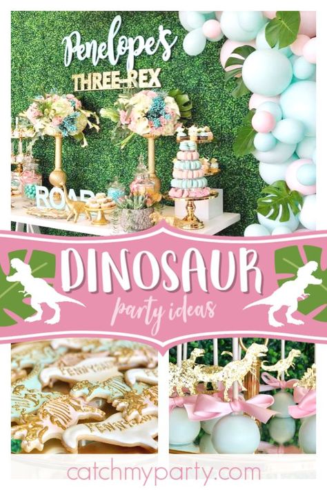 Don't miss this incredible dinosaur birthday party fora little girl. The cookies are so special! See more party ideas and share yours at CatchMyParty.com #catchmyparty #partyideas #dinosaur #dino #girlbirthdayparty #girldinosaurparty #girldinoparty Dinosaur Party Ideas, 3rd Birthday Party For Girls, Third Birthday Girl, 4de Verjaardag, Dinosaur Birthday Theme, Girl Dinosaur Birthday, Dinosaur Birthday Party Decorations, Dinosaur Themed Birthday Party, Girls Birthday Party Themes