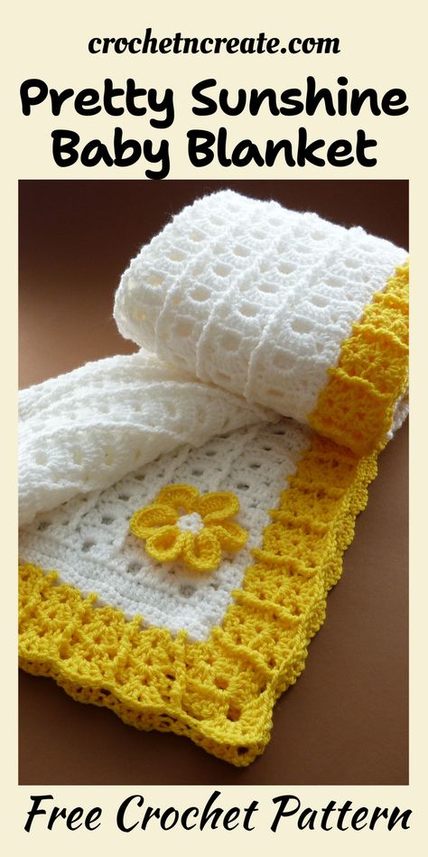 Free crochet pattern - Pretty Sunshine Baby Blanket from crochet 'n' create. Free fast, quick-easy-beginner-friendly! 'Don't forget to save' 6 Day Kids Blanket Crochet, Free Crocheted Baby Blankets, Beach Blanket Crochet Pattern, Quick And Easy Baby Blanket Crochet Free, Rainbow Baby Crochet Blanket, Crocheted Lap Blankets Free, Crochet Kids Blanket Patterns Free, Baby Blankets Crochet Free Pattern, Free Baby Blanket Patterns Crochet