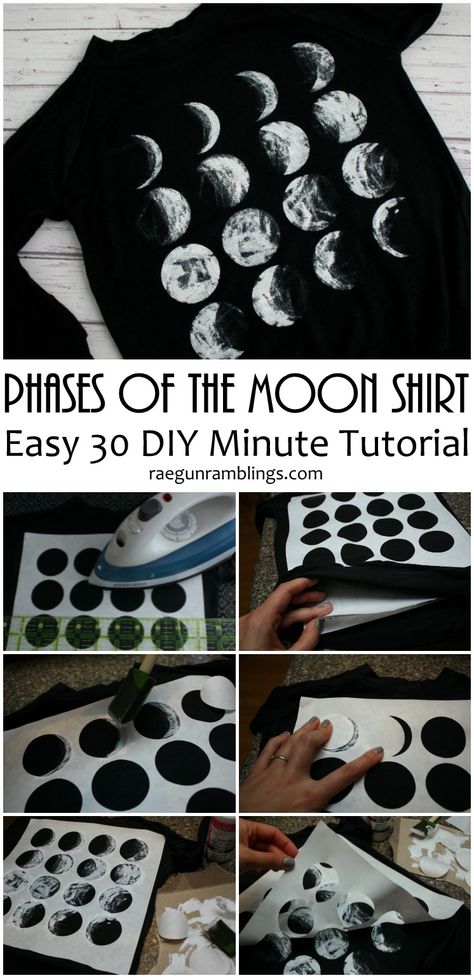 Tried this and it turned out great. Quick and easy DIY phases of the moon shirt tutorial Diy Shrink Plastic, Diy Moon, Moon Phases Shirt, Painting Moon, Freezer Paper Stenciling, Shirt Tutorial, Alternative Christmas Tree, T Shirt Painting, Phases Of The Moon