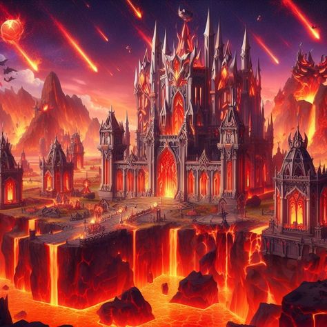 Elemental Plane Of Fire, Fire Castle Aesthetic, Fire City Fantasy Art, Lava Kingdom, Lava Castle, Kingdom Of Fire, Fire Castle, Fire Kingdom, Fire World