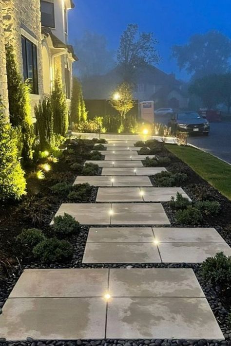 Interested in adding lighting to your backyard project? Find more information and inspiration on our website! Backyard Walkway, Walkway Landscaping, Side Yard Landscaping, Walkway Design, Outdoor Walkway, Modern Backyard Landscaping, Driveway Landscaping, Front Yard Design, Front Yard Garden Design