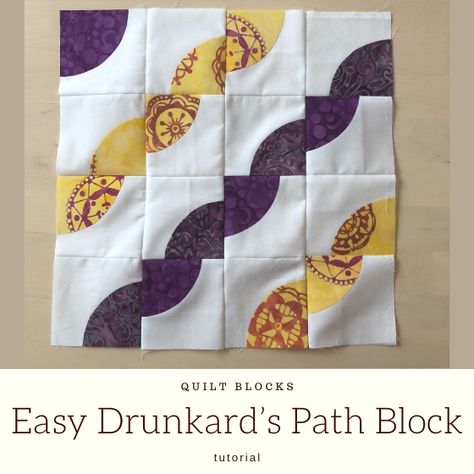 Make an easy drunkard's path quilt block with no curved seams. Simple construction with many layout variations. #drunkardspathquilt #easyquiltblock Drunkards Path Quilting Designs, Drunkards Path Quilt Variations, Drunkards Path Quilt, Drunkards Path, Quilt Blocks Easy, Block Layout, Fusible Applique, Quilting Inspiration, Easy Quilts