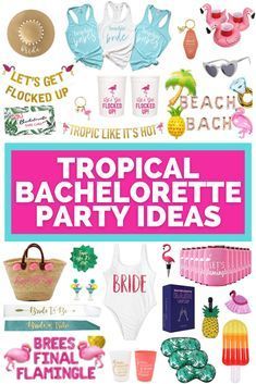 Planning a Beach Bachelorette Party? Here are tons of ideas for a Tropical Bachelorette Party including decor, apparel, party favors, etc! Hawaiin Theme Bachelorette, Bachelorette Slumber Party Themes, Bachelorette Party Tropical Theme, Bachelorette Party Themes Tropical, Lilly Pulitzer Bachelorette Party, Bachelorette In Paradise Theme, Bachelorette Themes Tropical, Tiki Bachelorette Party Ideas, Tropic Bachelorette Party