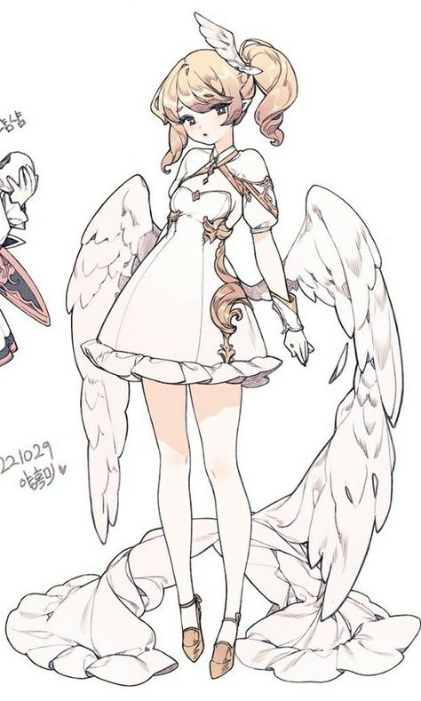 Bird Outfit Character Design, Cherub Character Design, Angel Astethics Outfit, Bird Girl Oc, Angel Clothes Drawing, Angelic Character Design, Angel Inspired Outfits, Bird Oc, Angel Character Design