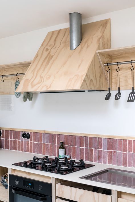 Style on a Budget: Plywood Open Kitchen with Terracotta-Tiled Backsplash Moveable Island, Ceramic Kitchen Tiles, Style On A Budget, Plywood Design, Kitchen Guide, Gathering Table, Tile Countertops, Refinishing Cabinets, Countertop Design