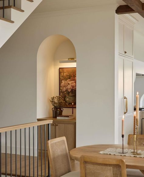 Breakfast Nook Amber Interiors, Arched Alcove, Entry Vestibule, Alcove Lighting, Alcove Cabinets, Arteriors Chandelier Nature Inspired, Room Bench, Hallway Wall Decor, House Details