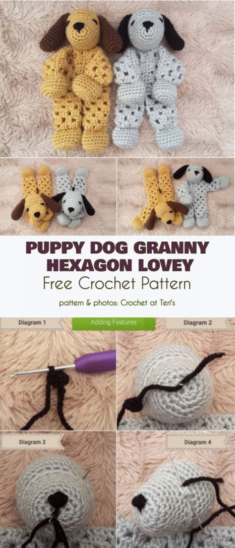 Puppy Dog Granny Hexagon Lovey Free Crochet Pattern Crochet Granny Hexagon Doll Free Pattern, Dog Lovey Blanket Crochet Free Pattern, Granny Hexagon Crochet Free Pattern, Crochet Dog Lovey Free Pattern, Lovey Free Pattern, Crochet Granny Hexagon, Disney Crochet Pattern, Granny Hexagon, Sunburst Granny Square