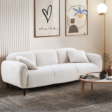 Add a timeless aesthetic to your home along with cozy comfort. From its upholstery to its solid wood legs, our three-seater sofa offers your home a classic mid-century modern upgrade. Small Sofa Couch, Small Sectional Sofa, Latest Sofa Designs, Upholstered Couch, Modern Sofa Designs, Living Room Sofa Design, Green Sofa, Sofa Styling, Small Sofa