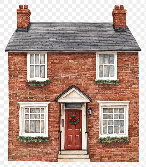 Brick House Illustration, Brick Watercolor, Christmas House Illustration, Watercolour House, Aesthetic Pngs, Christmas Aesthetics, Town House Architecture, Water Coloring, Brick Chimney