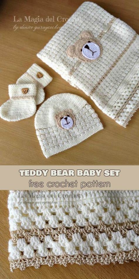 Teddy Bear Baby Set- Blanket, Hat, Booties [Free Crochet Pattern] | | Your Crochet Crochet Baby Blanket Free Pattern Boy, Uncinetto Zig Zag, Crochet Baby Gifts, Crochet Baby Blanket Free Pattern, Crochet Baby Hat, Crochet Blanket Designs, Crochet Baby Boy, Baby Afghan Crochet, Crochet For Boys