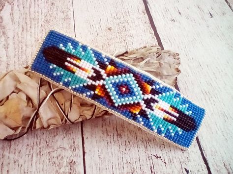 Native American Style Beadwork Barrette  Beaded Barrette Mini Beaded Moccasins, Southwestern Blue Beaded Hat Band, Southwestern Blue Hand-strung Bracelet, Southwestern Turquoise Nickel-free Beaded Bracelets, Southwestern Style Blue Hand-strung Beads, Indian Beadwork, Beaded Hair Clips, Color Palettes, Native American Beadwork Patterns