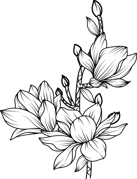 Magnolia Drawing, Printable Drawings, Phone Case Diy Paint, Flower Sketch, Black And White Line Art, Bee Illustration, White Line Art, Magnolia Flowers, Wood Carving Designs