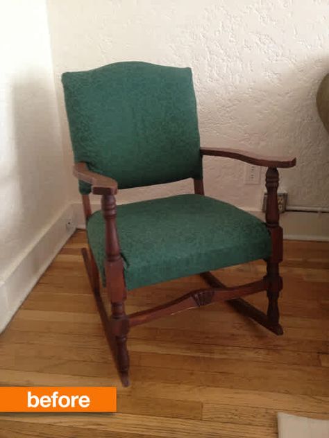 Before & After: Rocking Chair Makeover for a New Generation | Apartment Therapy Rocking Chair Redo, Mixed Dining Chairs, Rocking Chair Makeover, Old Rocking Chairs, Antique Rocking Chairs, Reupholster Chair Dining, Vintage Rocking Chair, Upholstered Rocking Chairs, Shabby Chic Table And Chairs