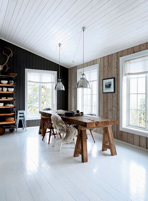 This Norwegian Christmas cabin decor oozes a relaxed atmosphere where vintage finds mix in beautifully with new home decor and a reclaimed kitchen. Scandinavian Color Scheme, Norwegian Cabin, Log Cabin Interior, Wood And Concrete, Cabin Interiors, Log Cabin Homes, White Floors, Modern Cabin, Rustic Cabin