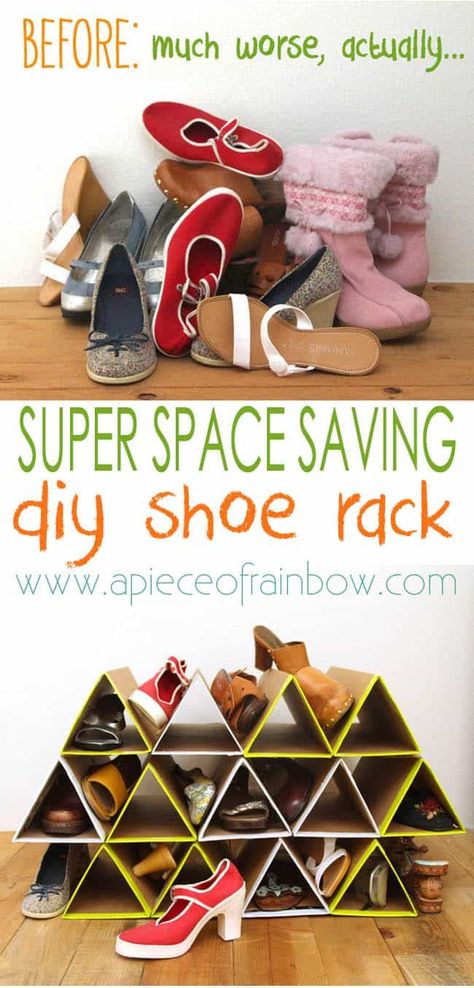 SUPER space saving and surprisingly sturdy DIY shoe rack! | A Piece of Rainbow Shoe Organization Diy, Space Saving Shoe Rack, Organization Hacks Diy, Diy Space Saving, Carton Diy, Diy Shoe Storage, Diy Clothes Rack, Diy Shoe Rack, Diy Organizer