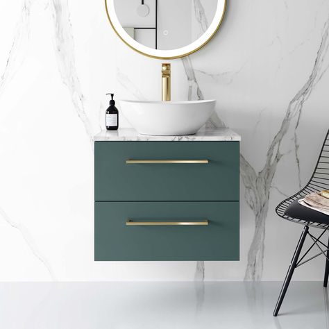 Curved Counter, Counter Top Basin, Green Vanity, Glass Basin, Teal Bathroom, Walk In Shower Enclosures, Small Bathroom Interior, Freestanding Bath Taps, Drawer Vanity